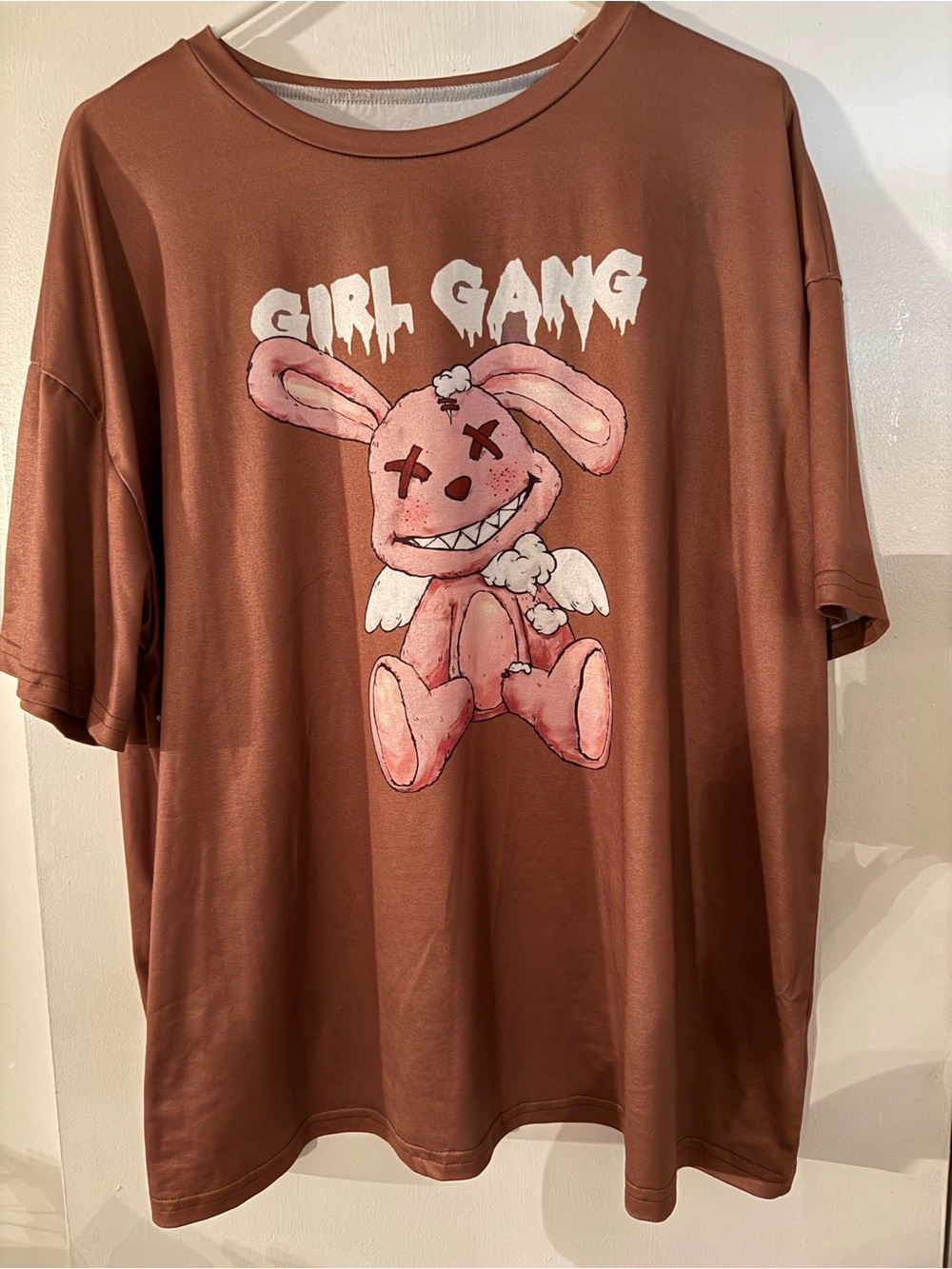 SHEIN Brown Short-Sleeve Tee with Pink Bunny Graphic